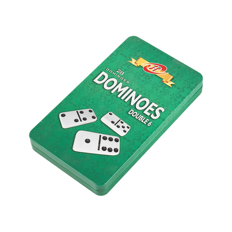 Pamantayang dobleng anim na domino sa madilim na asul na kahon ng bakal